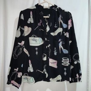 Hanxiner whimsical print crepe top Sz XL split neck button cuff front pleat